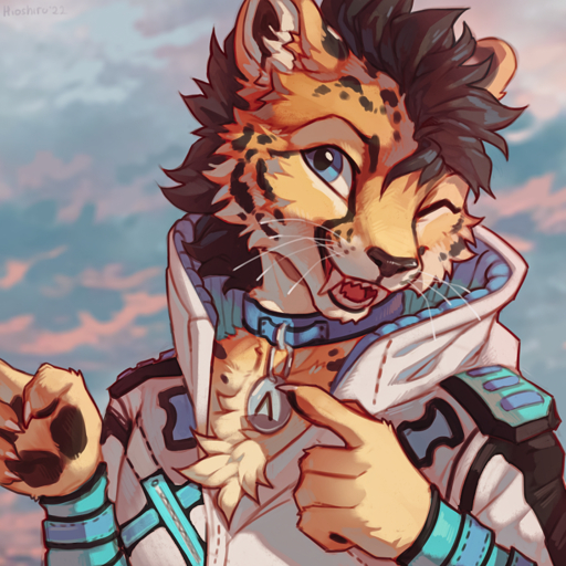 2022 5_fingers anthro black_hair blue_eyes cheetah claws clothed clothing collar day detailed_background digital_media_(artwork) felid feline fingers fur hair hioshiru male mammal open_mouth outside sky smile spots spotted_body spotted_fur teeth tongue // 800x800 // 1.1MB