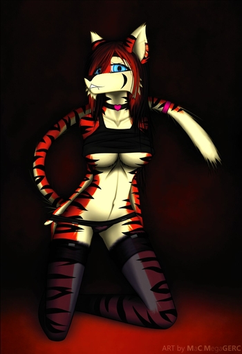abstract_background anthro biped blue_eyes breasts cherry_(macmegagerc) clothed clothing collar felid female fur hair hi_res kneeling legwear looking_at_viewer macmegagerc mammal pantherine raised_tail simple_background skimpy solo tiger under_boob // 1120x1638 // 130.1KB