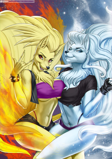 2016 5_fingers alanscampos alolan_ninetales anthro blonde_hair blue_body blue_eyes blue_fur blue_hair bottomwear bracelet breast_squish breasts breasts_frottage canid canine clothed clothing duo eyelashes female fingerless_gloves fingers fur gloves hair handwear hi_res inner_ear_fluff jewelry looking_at_viewer mammal midriff multi_tail navel navel_piercing neck_tuft ninetales open_mouth open_smile panties piercing pokemon_(species) red_eyes regional_form_(pokemon) shorts skimpy smile spiked_bracelet spikes squish teeth thong tongue tuft underwear video_games white_body white_fur white_hair yellow_body yellow_fur // 1060x1500 // 559.0KB