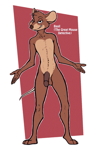 absurd_res anthro balls basil_(disney) brown_body brown_fur disney english_text flaccid fur genitals hi_res looking_at_viewer luraiokun male mammal mouse murid murine nude penis rodent smile solo text the_great_mouse_detective // 2467x3857 // 6.0MB