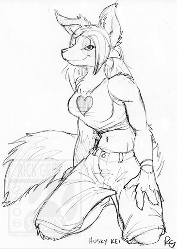 2006 <3 anthro biped bottomwear breasts canid canine clothed clothing female hair husky_kei kneeling long_hair mammal monochrome pants rick_griffin shirt solo tank_top topwear // 480x674 // 63.7KB