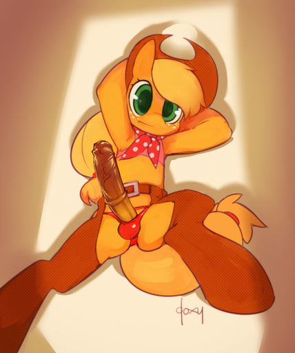 anthro anthrofied applejack_(mlp) belt biped chaps clothed clothing doxy earth_pony edit equid equine erection genitals green_eyes gynomorph hi_res hooves horse intersex looking_at_viewer lying mammal on_back panties penis pony raised_arm solo spread_legs spreading underwear // 1045x1250 // 967.0KB