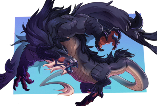 beak blue_eyes claws dragon fur furred_dragon furred_wings gradient_background hair horn mcmadmissile open_mouth scales simple_background solo teeth tongue wings // 1200x812 // 1.1MB