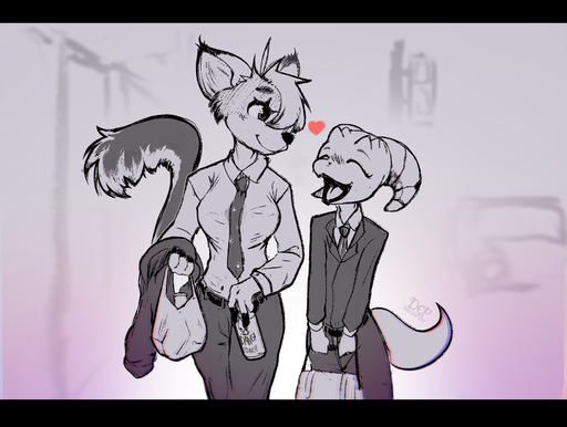 <3 absurd_res anthro beverage black_bars blush canid canine dep duo eyes_closed female femalefemale fluffy fluffy_tail handbag hi_res holding_object kobold letterbox mammal necktie open_mouth scalie smile street suits walking // 3500x2642 // 5.1MB