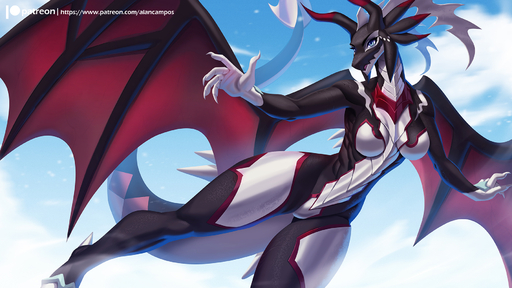 2022 5_fingers alanscampos anthro blue_eyes cloud digital_media_(artwork) dragon eyebrows female fingers flying hi_res horn membrane_(anatomy) membranous_wings outside scalie solo text url wings // 1800x1013 // 874.2KB