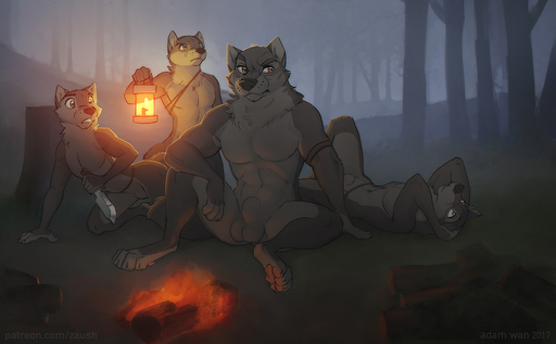 2017 abs all_fours animal_genitalia anthro armband balls barefoot belly biceps black_nose brown_body brown_eyes brown_fur campfire canid canine canis casual_nudity countershading dagger digital_media_(artwork) eyebrows feet fire fog forest fully_sheathed fur genitals grey_eyes group hands_behind_head holding_object holding_weapon humanoid_hands lantern lying male mammal melee_weapon multicolored_body multicolored_fur muscular muscular_male navel night nude on_back outside pawpads paws pecs penis pink_pawpads plant public sheath sitting slim social_nudity spread_legs spreading stump tan_balls tan_belly tan_body tan_fur tan_penis teeth tree tribal two_tone_body two_tone_fur weapon wolf yellow_eyes zaush // 1500x930 // 391.8KB