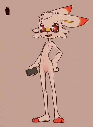 anthro female flat_chested genitals grey_background hi_res holding_object looking_at_viewer nude open_mouth phone pokemon_(species) pokemorph pussy red_eyes scorbunny scruffythedeer simple_background solo video_games white_body // 1650x2259 // 424.3KB