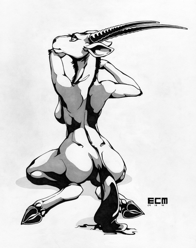 2016 antelope anthro biped black_and_white black_nose bovid breasts ecmajor female fur grazing_antelope hi_res hooves horn kneeling mammal monochrome nude oryx rear_view ridged_horn side_boob simple_background solo white_background wide_hips // 1027x1302 // 1.0MB