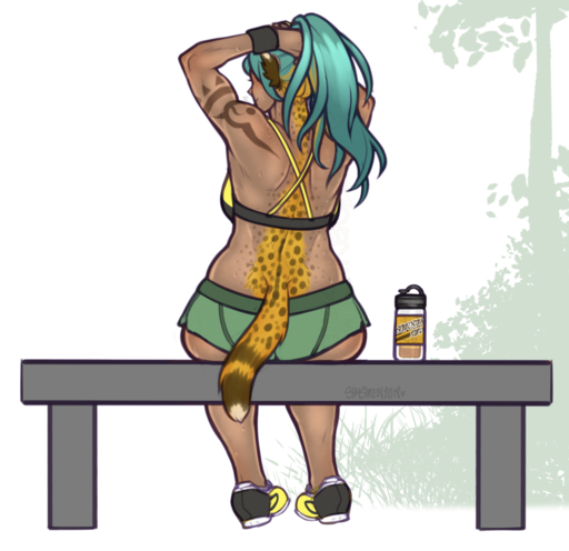 blue_hair bottomwear bra butt cheetah clothed clothing felid feline female fur growth hair human human_to_anthro long_hair lyn_(z-ray) mammal ponytail running_shoes shorts shysiren sitting smile solo species_transformation spots spotted_body spotted_fur tail_growth transformation underwear yellow_body yellow_fur // 1070x1036 // 575.3KB