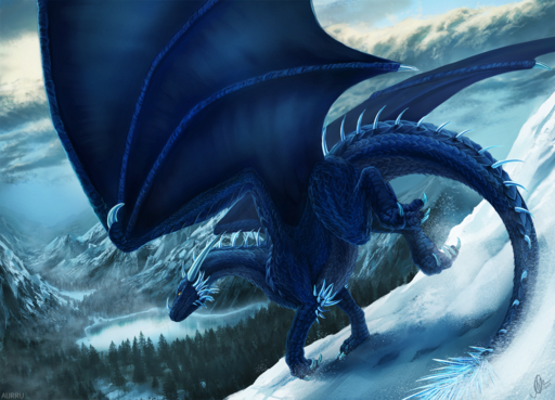 2019 aurru blue_body blue_scales claws cloud day detailed_background dragon forest horn membrane_(anatomy) membranous_wings mountain outside plant scales scalie sky snow solo spines tree western_dragon wings yellow_eyes // 1280x922 // 1.9MB