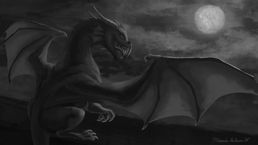 16:9 2019 4k absurd_res claws digital_media_(artwork) dragon floverale-hellewen greyscale hi_res horn membrane_(anatomy) membranous_wings monochrome night open_mouth outside scales scalie solo spines teeth tongue western_dragon widescreen wings // 3840x2160 // 3.1MB