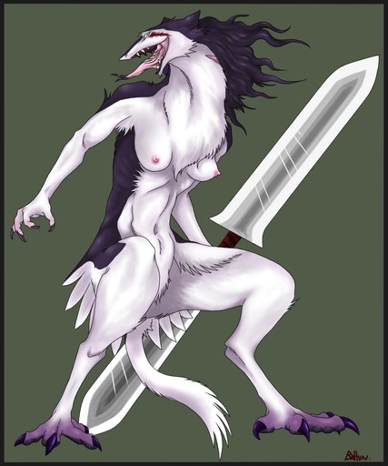 5:6 anthro armpit_hair bahun black_border body_hair border breasts female hi_res holding_object holding_weapon mammal nipples rain_silves sergal simple_background solo weapon // 1000x1200 // 509.9KB