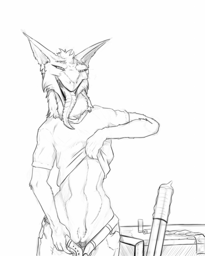 2017 anthro clothed clothing female fur genitals gun hi_res looking_at_viewer mammal monochrome presenting pussy ranged_weapon sergal solo tongue tongue_out undressing weapon zafara_(artist) // 1022x1280 // 124.1KB