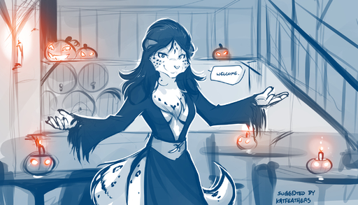 2019 7:4 adira_(twokinds) anthro breasts chest_tuft claws cleavage clothed clothing conditional_dnp costume dialogue dress elvira:_mistress_of_the_dark english_text felid female fluffy food fruit fur halloween hi_res holidays inside jack-o'-lantern keidran mammal mature_anthro mature_female monochrome pantherine plant pumpkin sketch smile snow_leopard solo spots spotted_body spotted_fur spread_arms text tom_fischbach tuft twokinds webcomic webcomic_character // 2240x1280 // 2.5MB