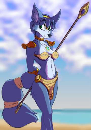 anthro blue_body blue_fur bluedraggy boogeestro bottomwear breasts canid canine clothing female fox fur green_eyes hi_res krystal loincloth looking_at_viewer mammal navel solo under_boob video_games // 1120x1600 // 1.0MB