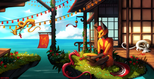 2018 ambiguous_gender anthro asian_mythology canid canine day detailed_background dragon east_asian_mythology eastern_dragon feral fox fur grass group hair hi_res mammal mythology neytirix orange_body orange_fur outside plant red_hair sitting sky // 2100x1078 // 567.3KB