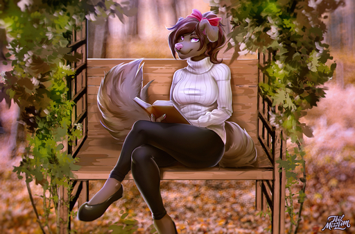 2020 anthro book breasts brown_hair canid canine canis clothed clothing digital_media_(artwork) domestic_dog eyebrows eyelashes female hair holding_book holding_object mammal sitting smile solo tril-mizzrim // 1200x791 // 1.8MB