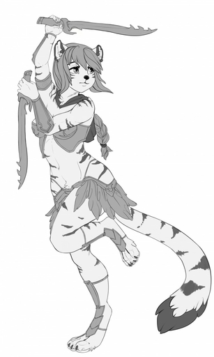 3:5 4_toes 5_fingers anthro armor black_nose digitigrade eyelashes feet felid female fingers fur greyscale hair hi_res holding_object holding_sword holding_weapon mammal melee_weapon midriff monochrome navel pantherine paws redcreator simple_background solo striped_body striped_fur stripes sword tiger toes weapon white_background wide_hips // 768x1280 // 113.1KB