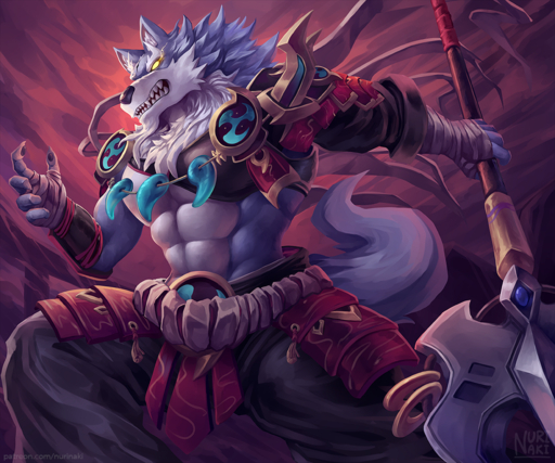 abstract_background anthro armor canid canine canis clothed clothing fur law_(sdorica) male mammal melee_weapon muscular muscular_anthro muscular_male no_pupils nurinaki solo weapon wolf // 1100x917 // 1.3MB