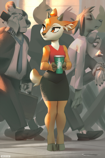 2020 2:3 aggressive_retsuko anthro bottomwear bovid briefcase canid canine cellphone clothed clothing crowd cup eyes_closed felid feline female fully_clothed group holding_object mammal miles_df pants phone sanrio shirt skirt solo_focus suit tank_top topwear tsunoda // 600x900 // 381.9KB