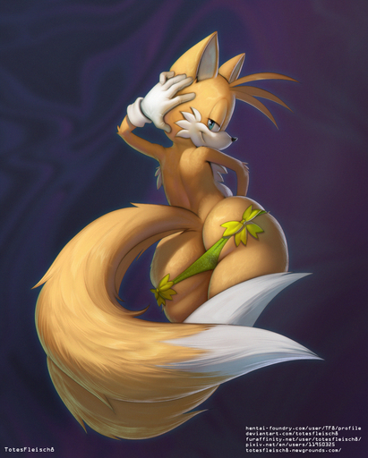 2021 2_tails anthro bedroom_eyes big_butt black_nose blue_eyes butt canid canine clothed clothing crossdressing digital_media_(artwork) dipstick_tail fluffy fluffy_tail fox girly gloves green_clothing green_panties green_underwear half-closed_eyes handwear head_tuft looking_at_viewer looking_back looking_back_at_viewer male mammal markings miles_prower multi_tail multicolored_tail narrowed_eyes panties panties_only seductive smile solo tail_markings text thick_thighs topless totesfleisch8 tuft underwear underwear_only url white_clothing white_gloves white_handwear wide_hips // 900x1121 // 905.6KB