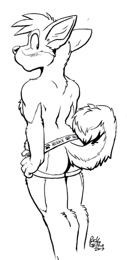 2017 anthro black_and_white blush butt canid canine canis clothed clothing domestic_dog english_text hair hand_on_hip jockstrap line_art looking_at_viewer looking_back male mammal monochrome rear_view rick_griffin signature solo standing text topless underwear wide_eyed // 450x919 // 165KB