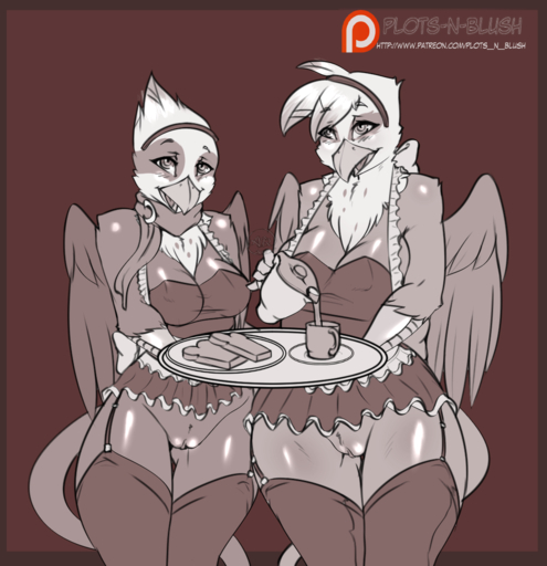 anthro anthrofied avante92 avian beak bottomless breasts brown_background clothed clothing duo english_text feathered_wings feathers female genitals gilda_(mlp) greta_(mlp) gryphon legwear maid_uniform monochrome mythological_avian no_underwear non-mammal_breasts patreon_logo patreon_username pussy simple_background skimpy text thigh_highs uniform url wide_hips wings // 1048x1084 // 633.4KB