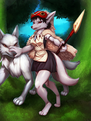 ambiguous_gender anthro barefoot black_clothing breasts canid canine canis cape clothing day digital_media_(artwork) digitigrade duo feet female feral fur general-irrelevant grey_body grey_fur hi_res holding_object holding_spear holding_weapon looking_at_viewer mammal mask melee_weapon outside plant polearm red_eyes san_(princess_mononoke) smile spear standing tree weapon wolf // 1080x1440 // 1.0MB