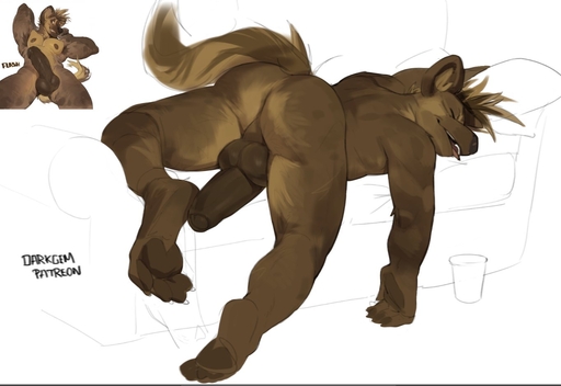 2021 anthro ass_up backsack balls darkgem eyes_closed foreskin furniture genitals glass hyaenid male mammal open_mouth partially_retracted_foreskin patreon pawpads penis penis_backwards sleeping sofa solo spotted_hyena teeth teeth_visible // 1363x937 // 128.7KB