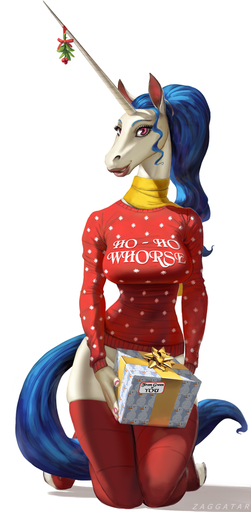 2015 anthro biped blue_hair bottomless christmas clothed clothing colored_nails digital_media_(artwork) english_text equid equine female fur gift gwen_(zaggatar) hair hi_res holidays horn horse kissing_bough kneeling legwear lingonberry lips long_horn long_neck looking_at_viewer mammal nails pink_lips plant purple_eyes red_clothing red_shirt red_topwear scarf shirt sitting snowman solo stockings sweater text text_on_clothing text_on_sweater text_on_topwear thick_lips tight_clothing tight_shirt tight_topwear topwear unicorn white_body white_fur zaggatar // 628x1280 // 625.4KB