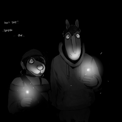 1:1 abandoned abandoned_building black_and_white canid canine canis clothed clothing comic creepy dark domestic_dog duo equid equine female hi_res hladilnik horse male mammal michelle_(hladilnik) monochrome night phone scared school text will_(hladilnik) zebra // 1280x1280 // 57.4KB