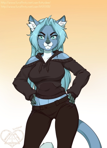 2018 5_fingers anthro black_nose blue_eyes blue_hair breasts clothed clothing desert_(character) digital_media_(artwork) dipstick_ears domestic_cat eyebrows felid feline felis female fingers hair hi_res kittydee mammal midriff multicolored_ears off_shoulder simple_background smile solo standing // 924x1280 // 317KB