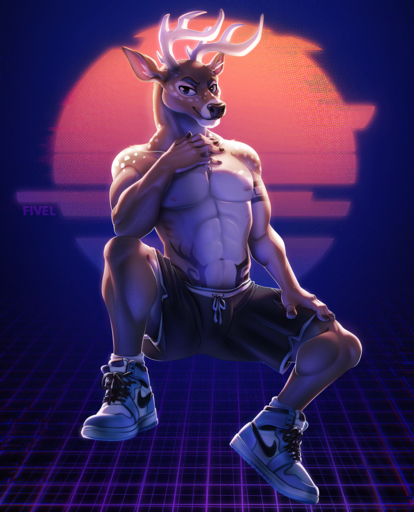 anthro antlers cervid clothed clothing fivel footwear hi_res horn looking_at_viewer male mammal nipples retrowave shoes solo synthwave tattoo topless // 1214x1500 // 3.9MB
