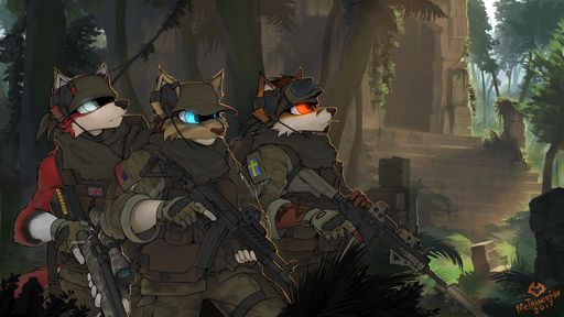16:9 2017 ak-47 anthro ar-15 armor assault_rifle blue_eyes camo canid canine clothed clothing detailed_background eyewear facial_hair felid fingerless_gloves flag furgonomics gloves glowing glowing_eyes goatee goggles goggles_on_head group gun handwear hat headgear headphones headset headwear helmet hi_res jungle m4 macmegagerc male mammal military object_in_mouth orange_eyes plant portrait ranged_weapon rifle ruins scarf shrub signature silencer sleeveless sniper_rifle stars_and_stripes sweden swedish_flag tattoo three-quarter_portrait tree trigger_discipline tropical union_jack united_states_of_america us_flag weapon white_eyes widescreen // 1600x900 // 1.9MB