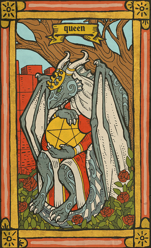 anthro biped card clothed clothing digital_media_(artwork) dragon english_text holding_object horn membrane_(anatomy) membranous_wings minor_arcana musorok outside pentacle queen_of_pentacles_(tarot) sitting sky solo tarot_card text wings xyria // 624x1024 // 1.1MB