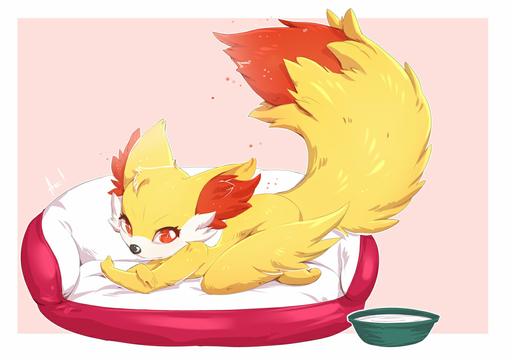 2015 alanscampos ambiguous_gender anthro bed bowl canid canine container fennekin fur furniture inner_ear_fluff mammal pokemon_(species) red_eyes simple_background solo tuft video_games // 1100x777 // 234.2KB