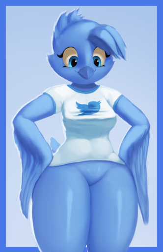 2019 anthro avian beak bird blue_beak blue_body blue_eyes blue_feathers bottomless breasts clothed clothing feathers female hands_on_hips hi_res looking_down meme non-mammal_breasts shirt smile solo thick_thighs thousandfoldfeathers topwear tweetfur twitter wide_hips wings // 1330x2051 // 1.6MB