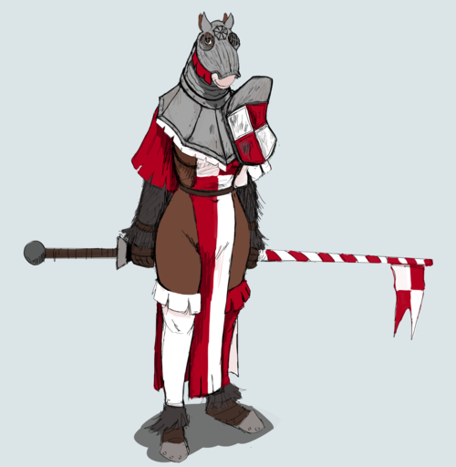 2020 anthro armor breasts brown_body clothed clothing crotch_lines draft_horse equid equine female fetlocks grey_background headgear helmet hi_res hladilnik hood horse lance legwear mammal mask medieval melee_weapon no_underwear pelvic_curtain red_clothing simple_background solo stockings tinker_(hladilnik) under_boob weapon white_clothing // 1280x1310 // 500.1KB