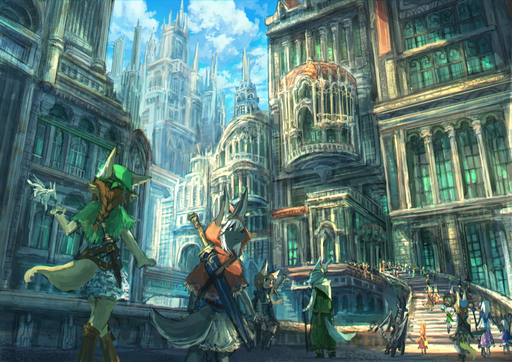 2017 amazing_background anthro architecture art_nouveau bakawasima bandanna bottomwear braided_hair bridge brown_hair building canid canine canis city cityscape clothed clothing cloud detailed_background digital_media_(artwork) digital_painting_(artwork) dragon fantasy fur group hair headkerchief hood kemono kerchief large_group mammal melee_weapon skirt sky snout stairs standing sword walking weapon white_hair wolf // 1414x1000 // 2.0MB