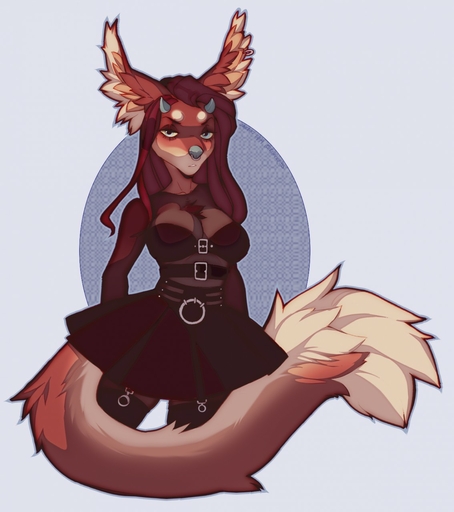 anthro breasts canid canine clothed clothing female hi_res horn hybrid junebuq looking_at_viewer mammal simple_background solo // 1134x1280 // 141KB