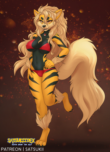 2017 amber_eyes anthro anthrofied arcanine bikini black_nose breasts canid canine clothing digital_media_(artwork) fangs female hair hand_on_hip hi_res long_hair looking_at_viewer mammal nintendo nipple_outline on_one_leg pokemon pokemon_(species) pokemorph satsukii shiny_pokemon solo standing swimwear video_games // 873x1200 // 1.5MB