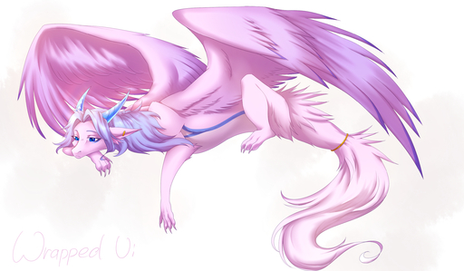 2019 4_toes blue_eyes claws digital_media_(artwork) dragon ear_piercing ear_ring feathered_dragon feathered_wings feathers feet female feral fur furred_dragon hair hi_res piercing pink_body pink_feathers pink_fur purple_hair simple_background solo toes white_background wings wrappedvi // 2563x1499 // 2.5MB