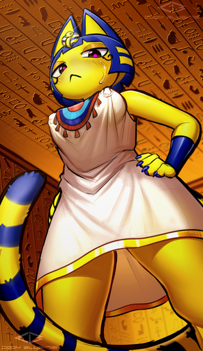 ankha_(animal_crossing) anthro blue_hair breasts brown_eyes clothed clothing codyblue-731 curvy_figure domestic_cat egyptian felid feline felis female fur hair looking_at_viewer low-angle_view mammal nails simple_background solo thick_thighs tunic video_games yellow_body yellow_fur // 582x1003 // 736.9KB