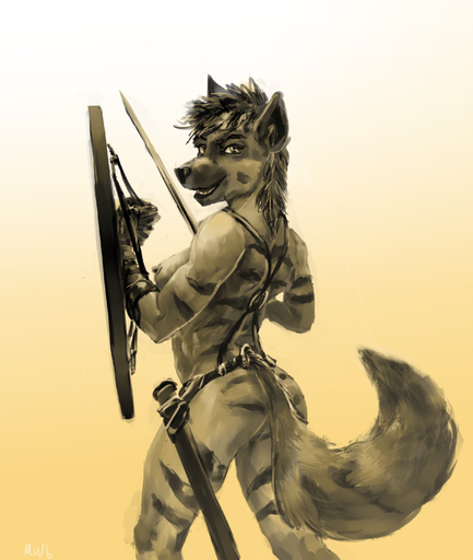 2016 accessory anthro areola athletic baldric bandage belt biceps breasts butt clothing digital_media_(artwork) ear_tuft english_text erect_nipples female flirting fur gladiatrix gloves hair handwear harness headband holding_object holding_sword holding_weapon hyaenid looking_at_viewer mammal marsonaut melee_weapon mostly_nude muscular muscular_anthro muscular_female nipples nude open_mouth scabbard shield signature simple_background smile solo standing striped_hyena stripes sword teeth text tuft warrior weapon wide_hips // 845x1000 // 679.7KB