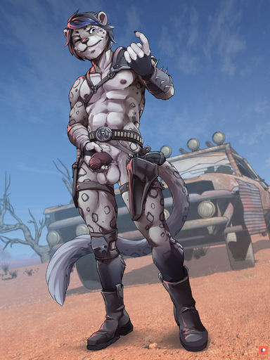2020 3:4 abs ammo_belt anthro armor athletic balls belt black_penis black_spots blue_highlights boots clothing digital_media_(artwork) felid footwear foreskin fur genitals grey_body grey_fur gun hi_res highlights_(coloring) holding_penis holster humanoid_genitalia humanoid_penis knife male mammal mostly_nude muscular muscular_male one_eye_closed pantherine pauldron penis ranged_weapon smile snow_leopard solo spots spotted_body spotted_fur standing twinkle-sez uncut weapon wink // 1500x2000 // 1.6MB