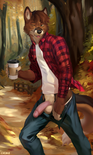 2022 anthro athletic balls beverage bottomwear canid canine chunie circumcised circumcision_scar clothing coffee cooper_ashwood denim denim_clothing detailed_background digital_media_(artwork) flannel flannel_shirt flashing forest fox fur genital_scar genitals hi_res humanoid_genitalia humanoid_penis jeans looking_at_viewer male mammal outside pants penis plant scar solo tree // 769x1280 // 572.6KB