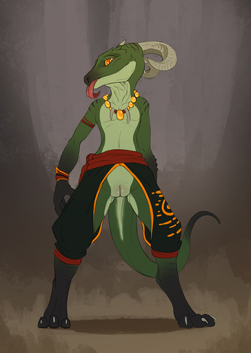 anthro bottomwear clothed clothing crotchless_bottomwear crotchless_clothing crotchless_pants female flamespitter flat_chested genitals green_body green_scales horn jewelry kobold necklace orange_eyes pants pussy scales scalie simple_background solo tongue tongue_out topless // 640x900 // 277.9KB