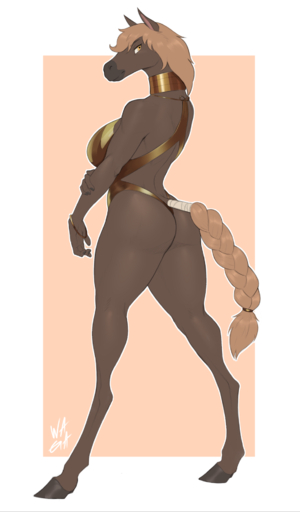 anthro bikini_thong braided_tail breasts butt clothing equid equine female hi_res horse mammal one-piece_swimsuit solo standing swimwear w4g4 // 1108x1891 // 461.5KB