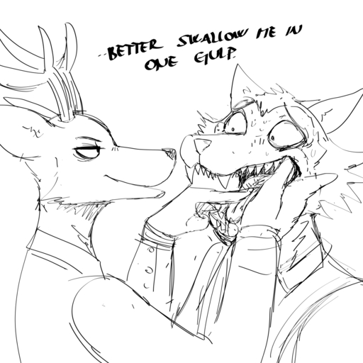 1:1 anthro antlers beastars bodily_fluids canid canine canis cervid dialogue duo english_text hand_in_mouth hi_res hladilnik horn legoshi_(beastars) louis_(beastars) male malemale mammal monochrome seductive sharp_teeth sketch sweat teeth text tongue wolf // 1280x1280 // 188.0KB