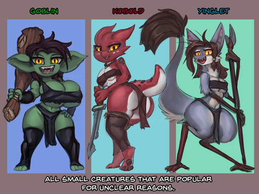 2022 anthro big_breasts blue_body blue_fur bottomwear breast_size_difference breasts brown_hair clothing digital_media_(artwork) english_text female fluffy fluffy_tail fur general-irrelevant goblin green_body green_skin group hair huge_breasts humanoid kobold loincloth looking_at_viewer mammal navel red_body red_scales reptile scales scalie short_stack side_by_side text thick_tail thick_thighs trio webcomic wide_hips yellow_eyes yinglet // 1440x1080 // 700.6KB